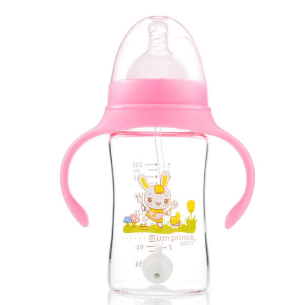 媽咪王子晶鉆玻璃自動吸寬口200ml奶瓶 粉色