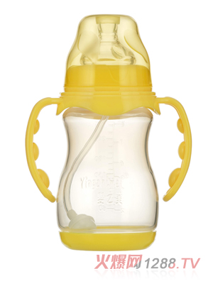嬰之美寬口雙耳自動(dòng)圓弧PP奶瓶帶底240ML黃色