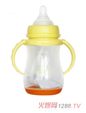 安心寶寶250ml寬口雙耳自動(dòng)感溫PP奶瓶黃無蓋