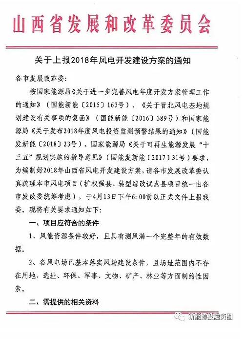 今日截止！山西發(fā)改委要求各市上報2018年風電開發(fā)
