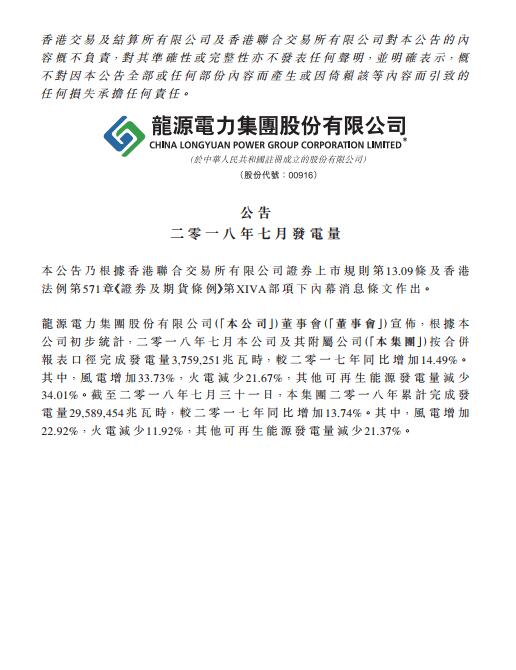 同比增長33.73% 龍源電力7月風電發(fā)電量持續(xù)增長