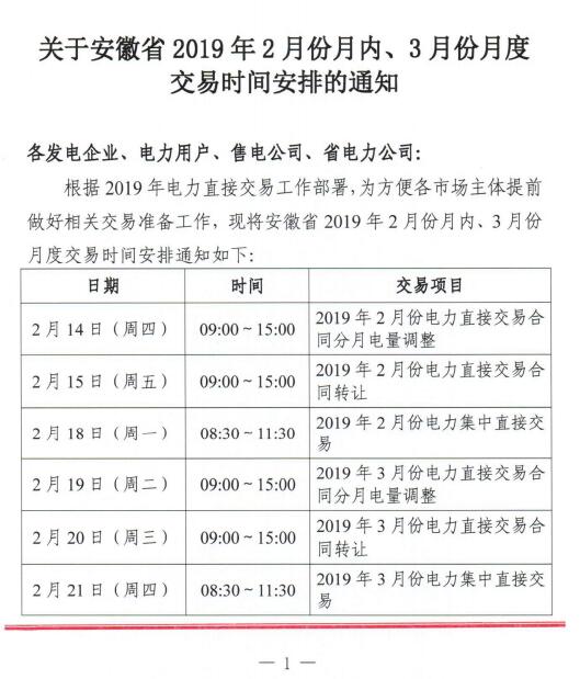  安徽2019年2月份月內(nèi)、3月份月度交易時(shí)間安排